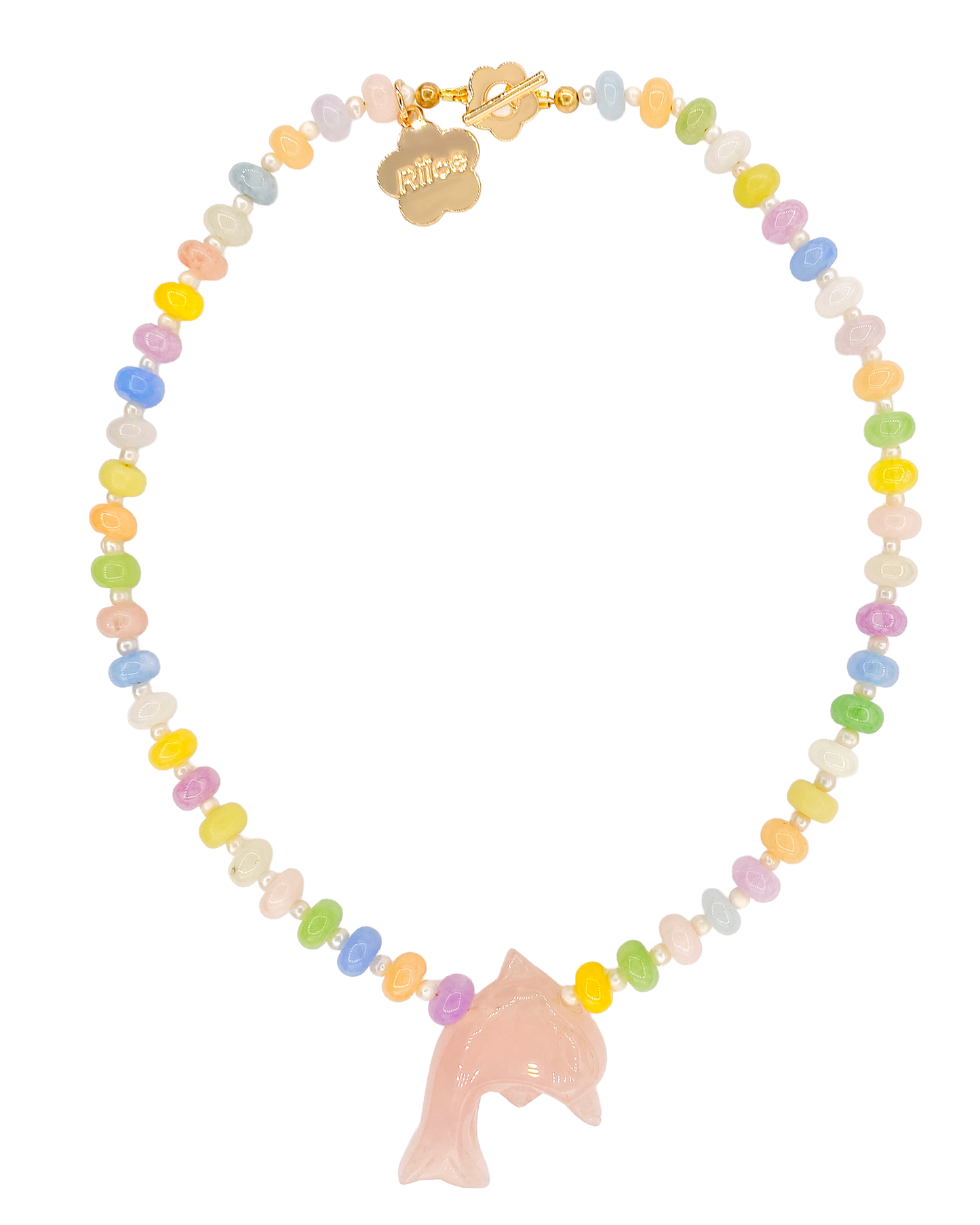Necklace with colorful beads and a pink fish-shaped pendant on a white background