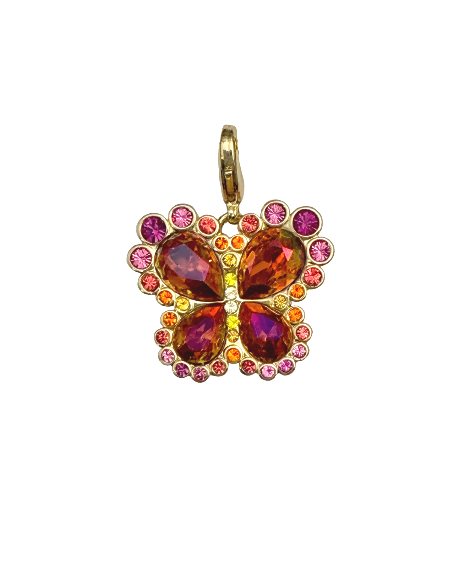 Gold pendant with colorful gemstones on a white background