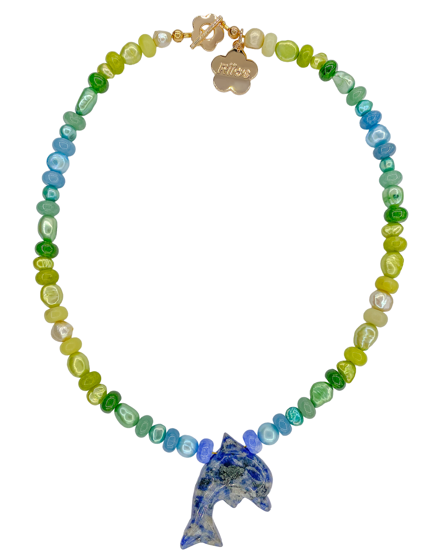 Necklace with colorful beads and a dolphin charm on a white background
