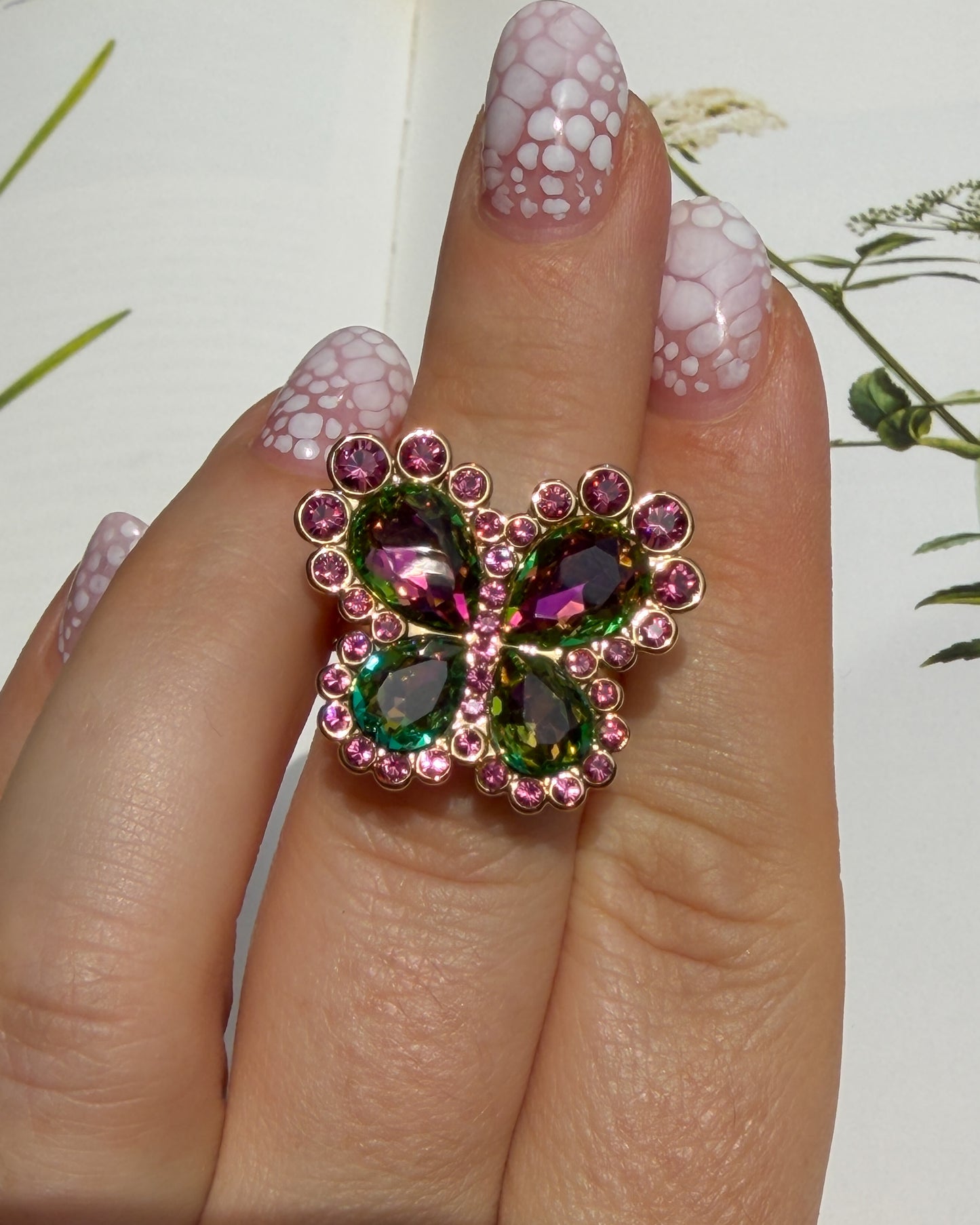Pink & Green Butterfly Ring
