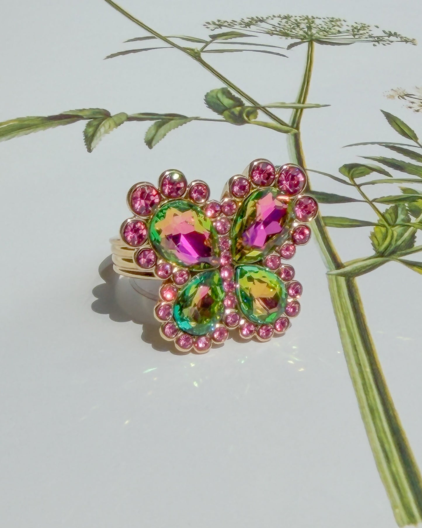 Pink & Green Butterfly Ring
