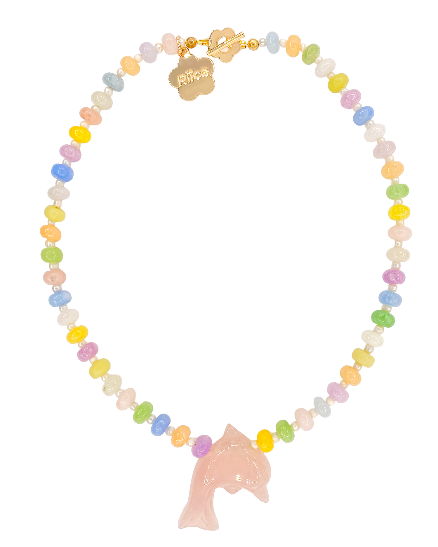 Necklace with colorful beads and a pink fish-shaped pendant on a white background