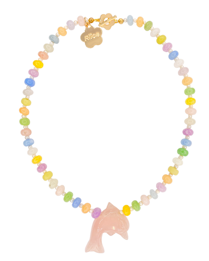 Necklace with colorful beads and a pink fish-shaped pendant on a white background