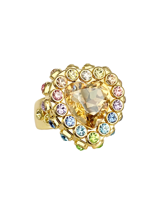 Gold heart shaped ring with colorful rainbow pastel crystals 