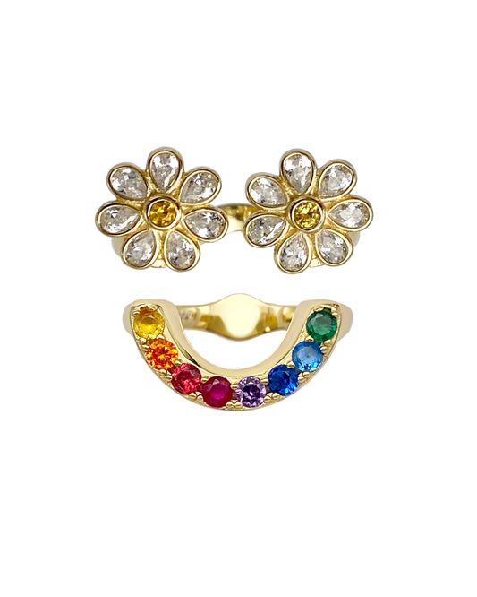 Gold flower-shaped earrings with clear stones and a gold ring with colorful gemstones on a white background.