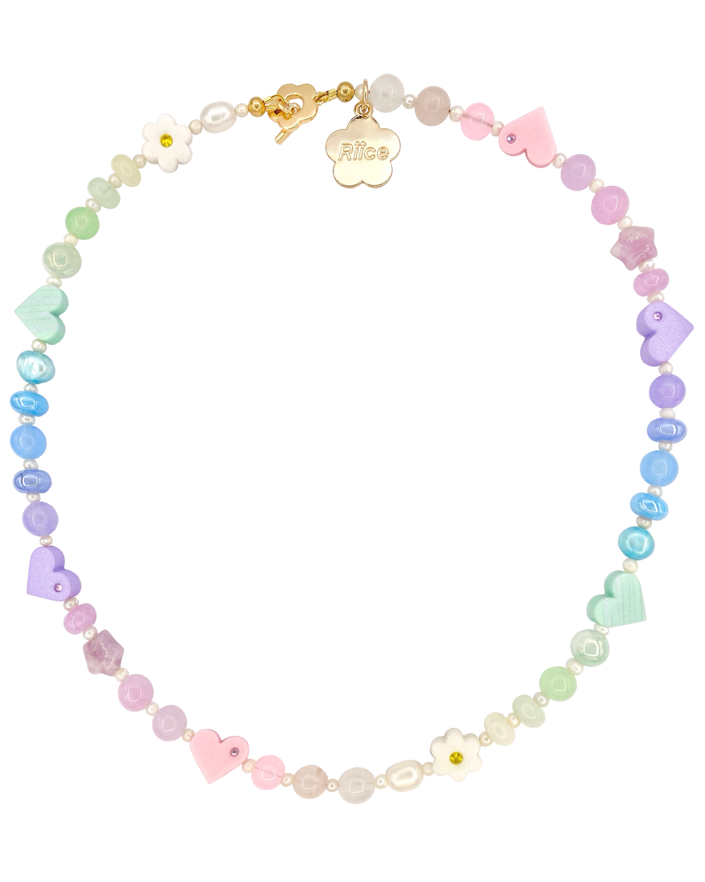 Colorful beaded necklace with heart-shaped beads on a white background