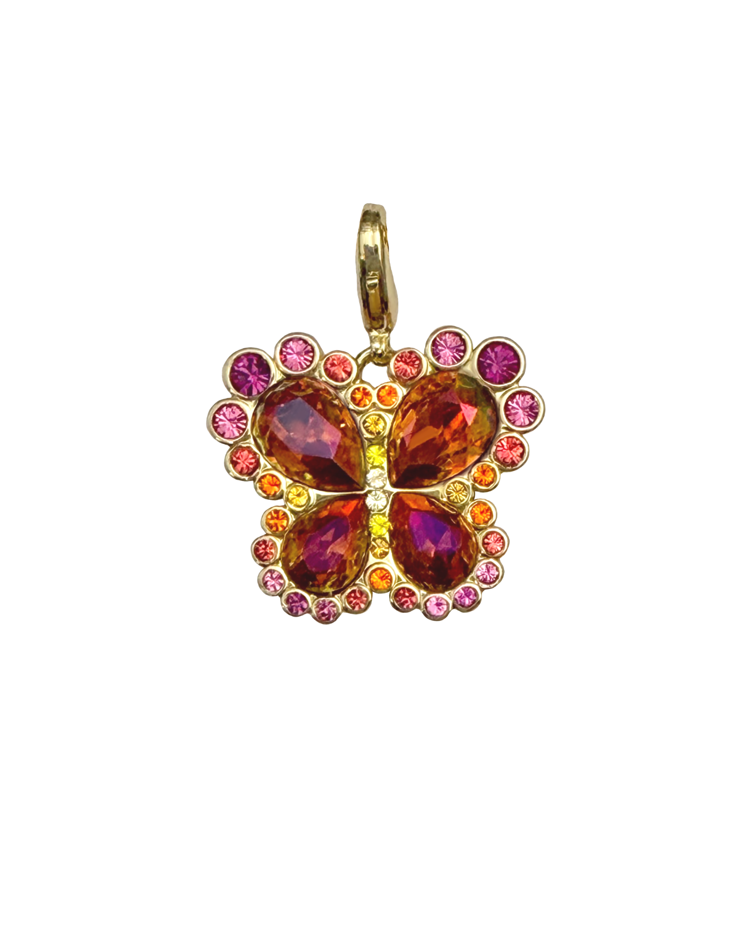 Gold pendant with colorful gemstones on a white background