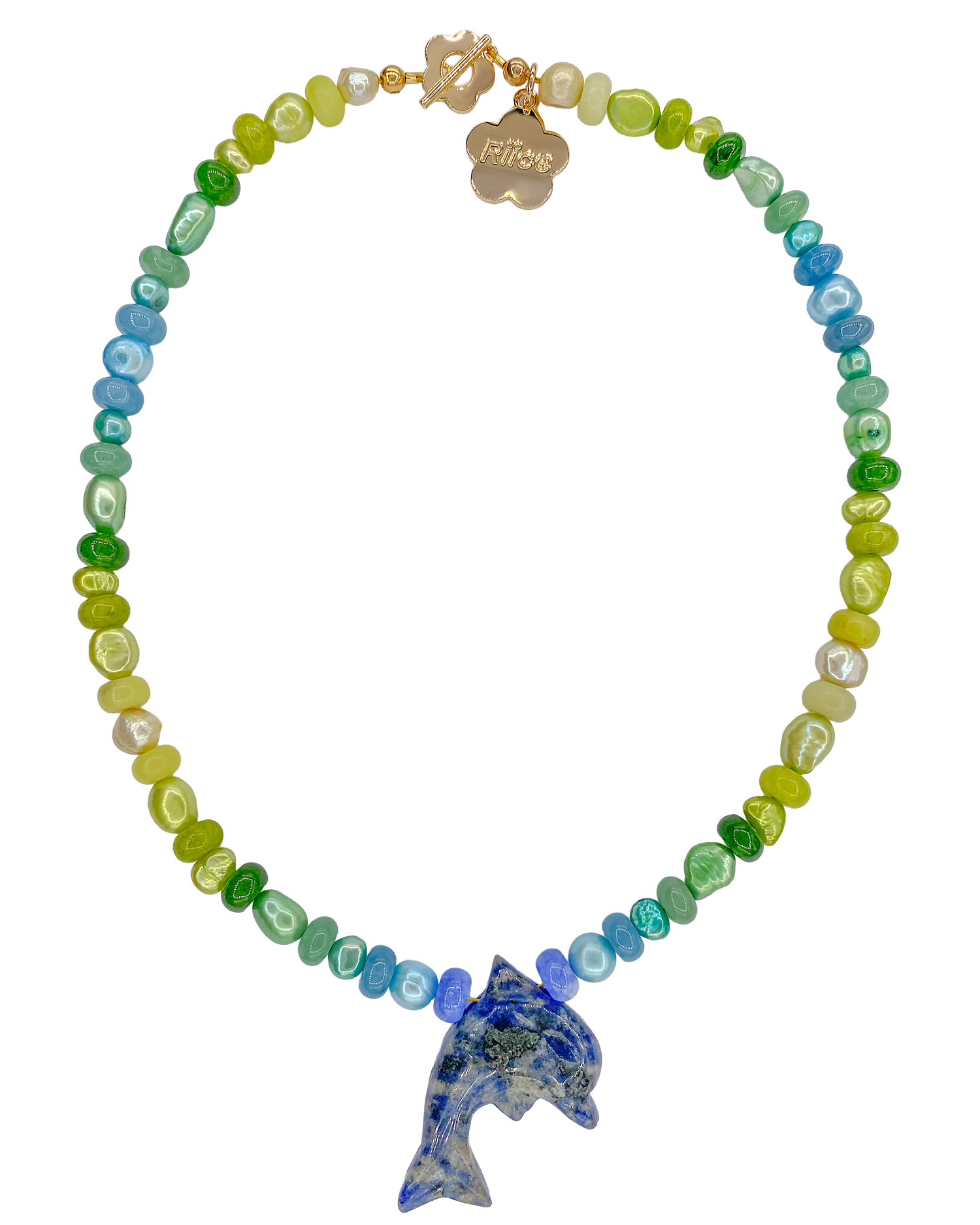 Necklace with colorful beads and a dolphin charm on a white background