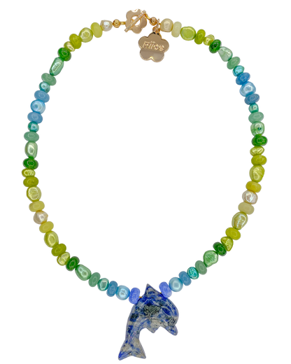 Necklace with colorful beads and a dolphin charm on a white background
